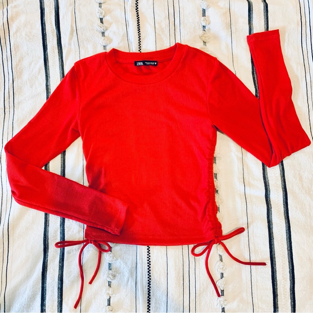 Zara Ribbed Long-sleeves Top In Red - Picture 2 of 9